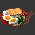 Fried Eggs And Yellow Food Items On Red Plate With Green Leaves And Red Chopsticks
