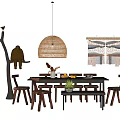 Solid wood dining table and chair combination 3d model