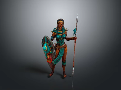 Ethnic Style Woman In Decorative Outfit Holding Shield And Spear 3d model