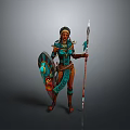 Ethnic Style Woman In Decorative Outfit Holding Shield And Spear