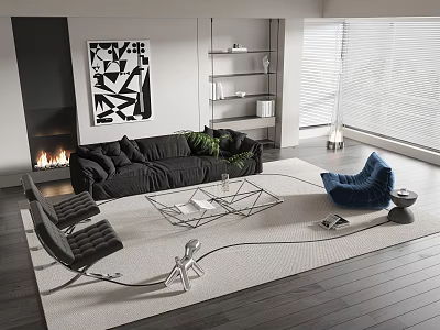 Modern Living Room with Black Sofa Metal Frame Coffee Table Blue Chair Fireplace Artwork and Window Blinds 3d model
