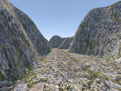 Garden Landscape With Stone Path And Rocky Cliffs Covered In Green Moss 3d model