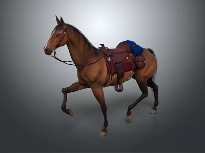 Brown Horse With Red Saddle And Blue Blanket Walking In Motion 3d model
