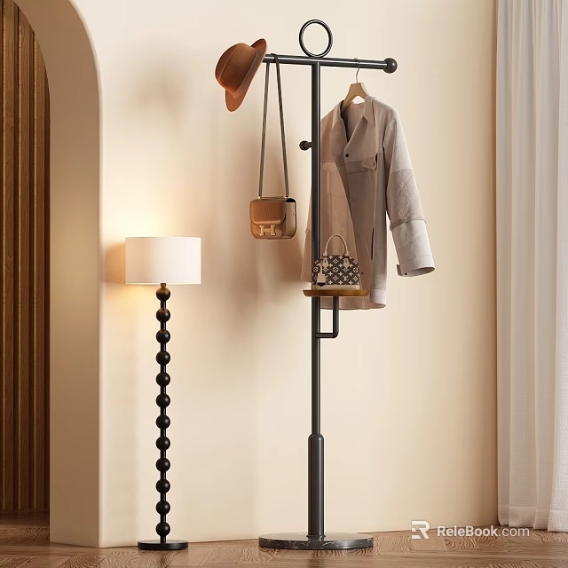 Stylish Coat Hanging On Modern Clothes Rack With Handbag And Floor Lamp In Indoor Setting 3d model 