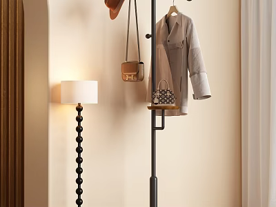 Stylish Coat Hanging On Modern Clothes Rack With Handbag And Floor Lamp In Indoor Setting 3d model