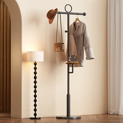 Stylish Coat Hanging On Modern Clothes Rack With Handbag And Floor Lamp In Indoor Setting 3d model