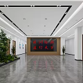 Spacious Modern Public Service Hall With Polished Marble Floor Large Smart Display And Indoor Greenery