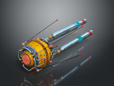 Yellow Spherical Mechanical Device With Silver Long Tubes Red Tips And Connecting Structures 3d model