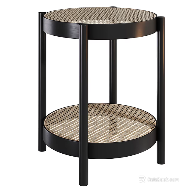 Black Round Side Table With Metal Frame And Rattan Lower Shelf Modern Design 3d model 