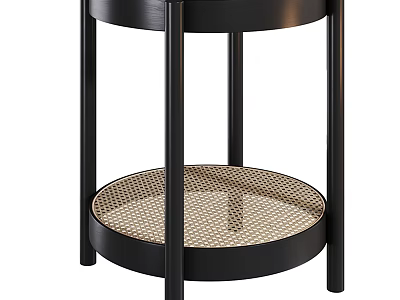 Black Round Side Table With Metal Frame And Rattan Lower Shelf Modern Design 3d model