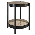 Black Round Side Table With Metal Frame And Rattan Lower Shelf Modern Design