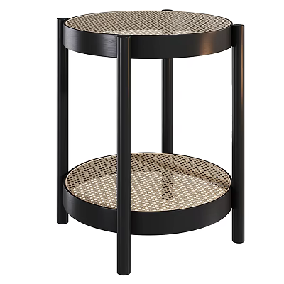 Black Round Side Table With Metal Frame And Rattan Lower Shelf Modern Design 3d model