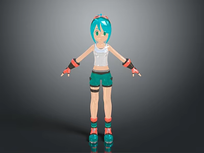Game and Movie Character with Turquoise Hair White Tank Top Green Shorts and Roller Skates 3d model