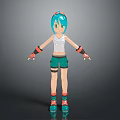 Game and Movie Character with Turquoise Hair White Tank Top Green Shorts and Roller Skates