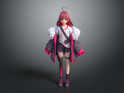 Anime Style 3D Female Character with Pink Hair Heart Shaped Accessory and White Fluffy Coat 3d model