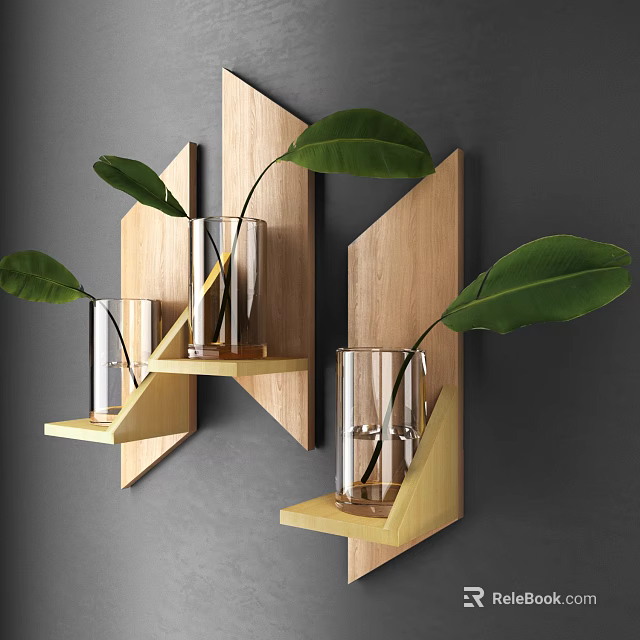 Modern Wooden Wall Cabinets Design With Glass Vases And Green Plant Leaves 3d model 