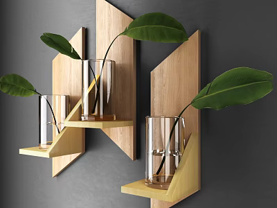 Modern Wooden Wall Cabinets Design With Glass Vases And Green Plant Leaves 3d model