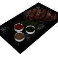 Grilled Steak on Black Platter with Three Spice Bowls Rosemary and Sesame Seeds