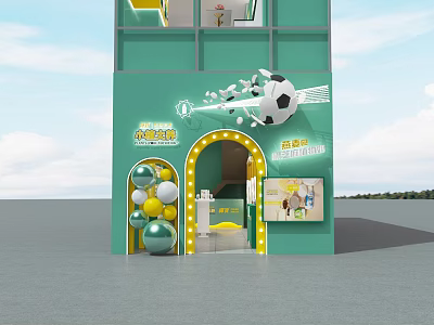 Green Building Exterior of Kids Painting Studio With Balloons and Football Decoration 3d model
