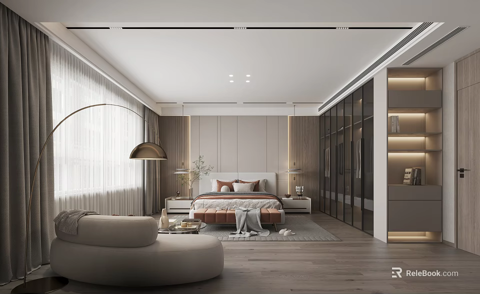 Modern Bedroom Interior With Arched Floor Lamp Double Bed Glass Wardrobe And Round Accent Chair 3d model 