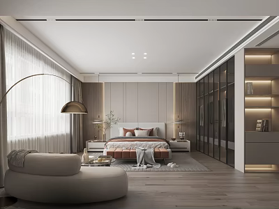 Modern Bedroom Interior With Arched Floor Lamp Double Bed Glass Wardrobe And Round Accent Chair 3d model