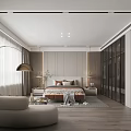 Modern Bedroom Interior With Arched Floor Lamp Double Bed Glass Wardrobe And Round Accent Chair