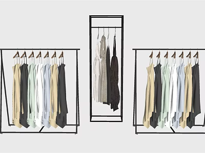 Three Black Metal Clothing Racks with Various Colored Clothes Hanging in Different Styles 3d model