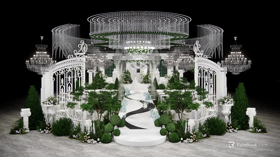 Luxurious Event Stage With White Arch Structures Greenery Chandeliers And Pathway 3d model 