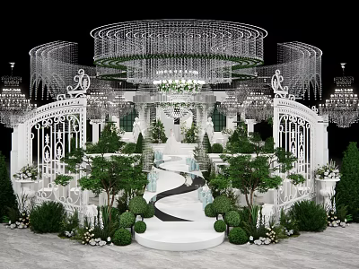 Luxurious Event Stage With White Arch Structures Greenery Chandeliers And Pathway 3d model