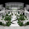 Luxurious Event Stage With White Arch Structures Greenery Chandeliers And Pathway