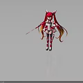 Anime Style Female Character with Red Hair Orange Gradient Horns Red White Battle Outfit Sword