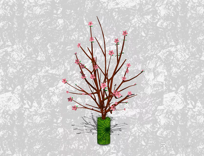 Green Vase With Pink Flowers On Branches Against Grey Textured Background 3d model 