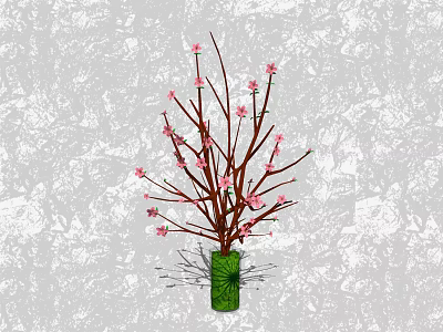 Green Vase With Pink Flowers On Branches Against Grey Textured Background 3d model