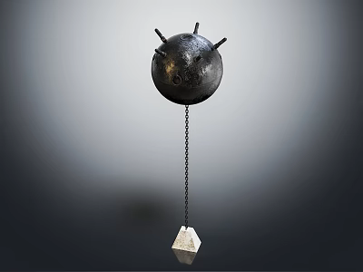 Spiked Black Metal Sphere Decor With Hanging Chain And White Cube 3d model