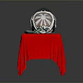 White and Green Helmet with Transparent Visor on Red Tablecloth with Yellow Hammer Sickle Symbol