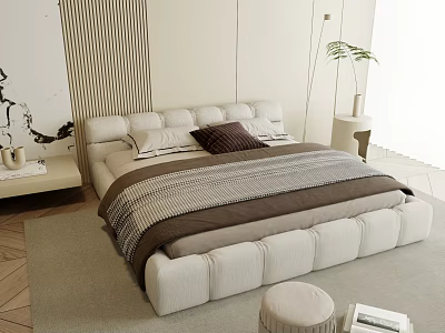 Modern Double Bed In Elegant Bedroom With Upholstered Headboard Striped Bedding And Pillows 3d model