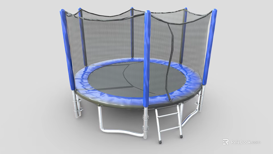 Round Trampoline Outdoor Furniture With Blue Frame Safety Net And Ladder 3d model 