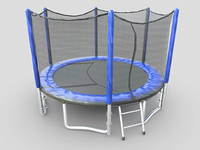 Round Trampoline Outdoor Furniture With Blue Frame Safety Net And Ladder 3d model