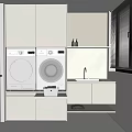 Minimalist Laundry Room Interior With White Cabinets Two Washing Machines Sink And Window