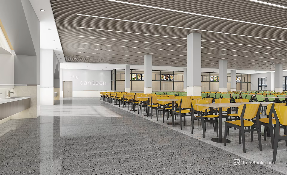 Spacious Modern Cafeteria Interior With Yellow Chairs White Pillars And Open Layout 3d model