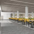 Spacious Modern Cafeteria Interior With Yellow Chairs White Pillars And Open Layout 3d model