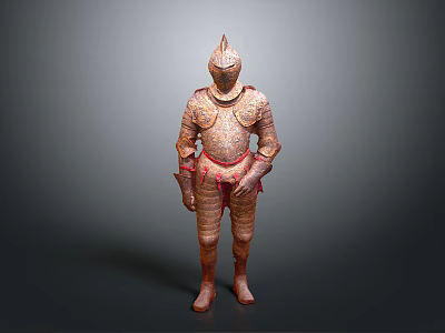 Medieval Armor 3D Model With Gold Red Intricate Patterns Standing Pose And Gray Gradient Background 3d model