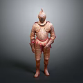 Medieval Armor 3D Model With Gold Red Intricate Patterns Standing Pose And Gray Gradient Background