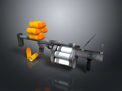 Vintage Machine Gun Weapon With Stacked Yellow Ammunition And Metal Drum Parts 3d model