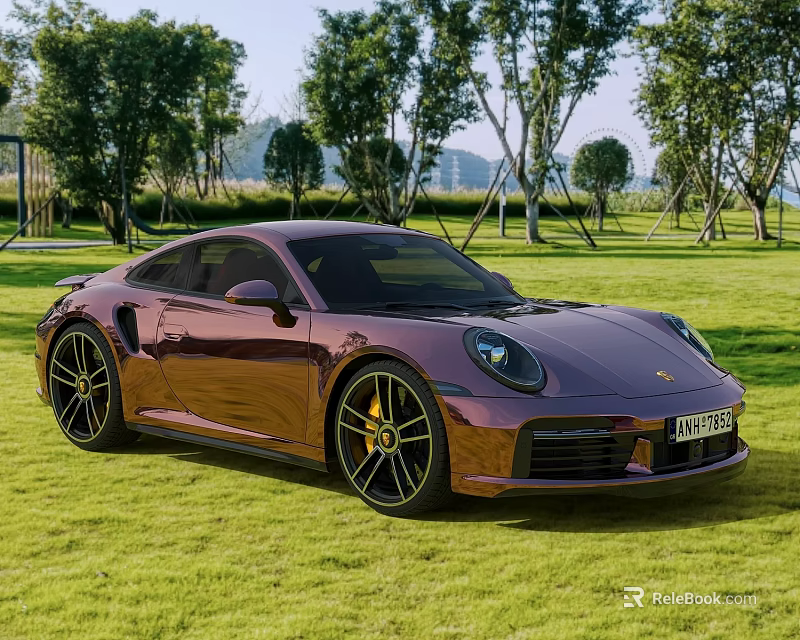 Sleek Metallic Purple Porsche Sports Car on Green Grassland with Trees 3d model 