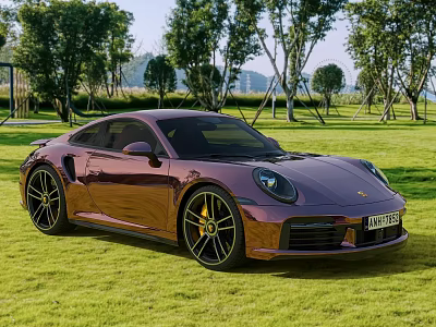 Sleek Metallic Purple Porsche Sports Car on Green Grassland with Trees 3d model