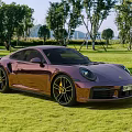 Sleek Metallic Purple Porsche Sports Car on Green Grassland with Trees