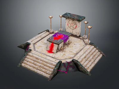 Mystical Ceremonial Altar Scene With Stone Platform Steps Purple Cloth And Golden Candelabras 3d model