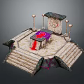 Mystical Ceremonial Altar Scene With Stone Platform Steps Purple Cloth And Golden Candelabras