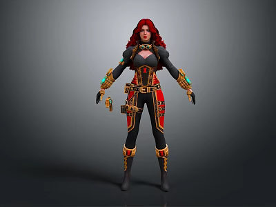 Game Movie Character with Red Hair Black Outfit Gold Red Accents Green Glowing Combat Gear 3d model